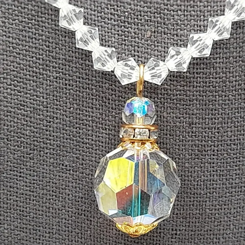 Vintage 1960s Crystal Faceted Pendant Necklace, AB Rhinestone Box Clasp, 17 Inch